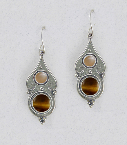 Sterling Silver Gothic Look With Tiger Eye And Peach Moonstone Gemstone Drop Dangle Earrings